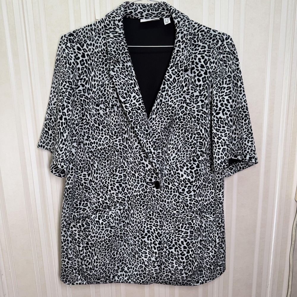 Susan Graver Womens Black White Blazer Jacket 2X Animal Print Office Stretch